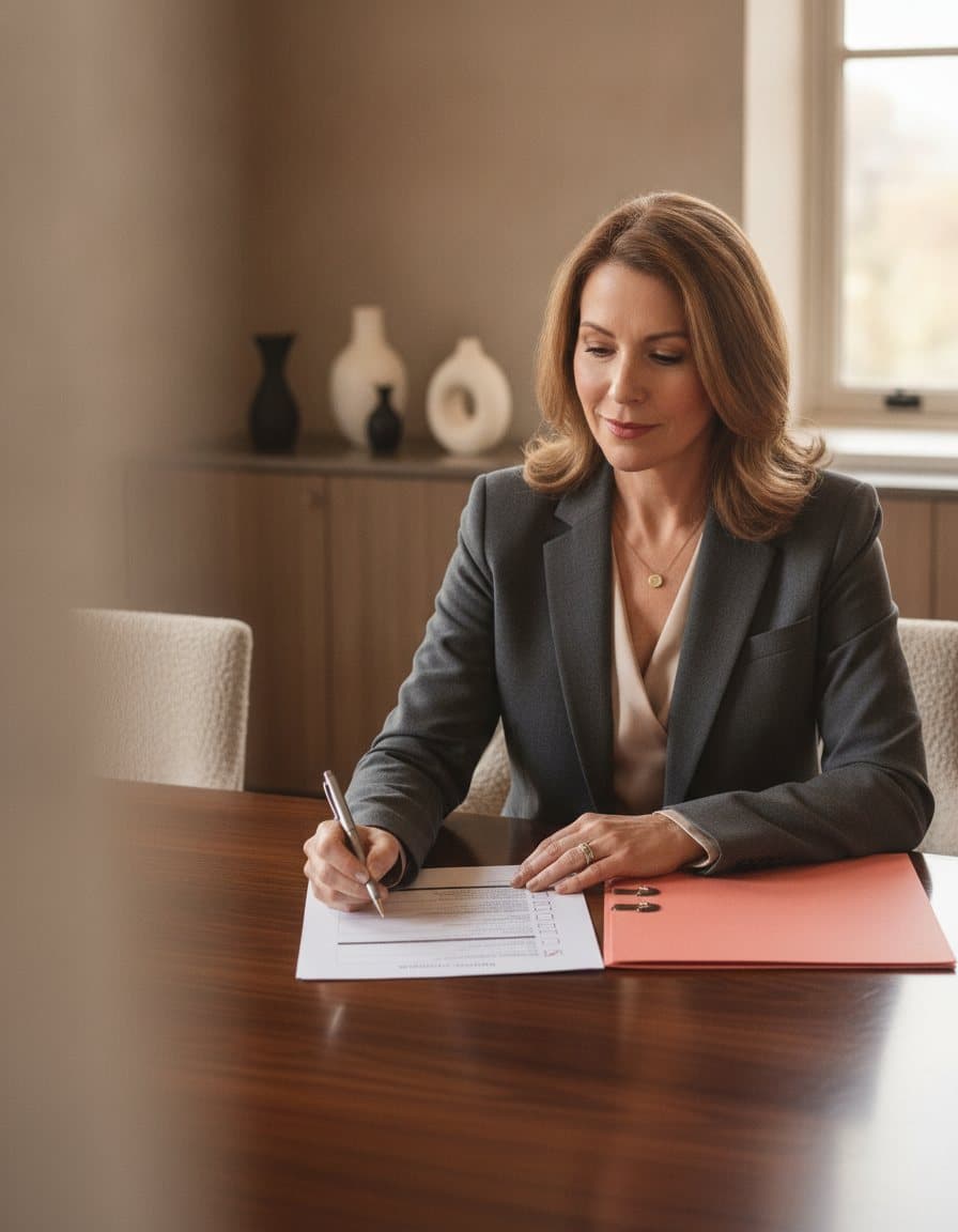 An established financial advisor reviewing a first-meeting checklist at her desk