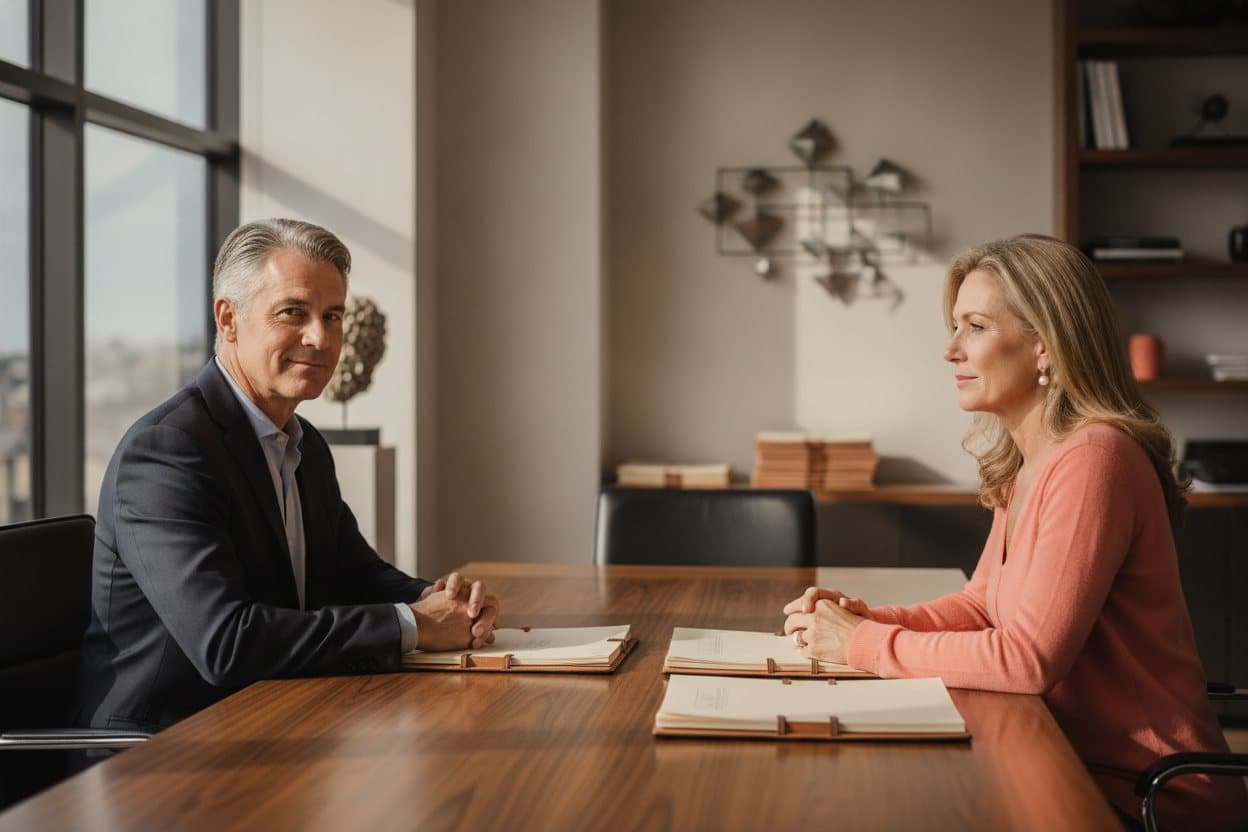 A financial advisor meeting with a prospective client across a conference table
